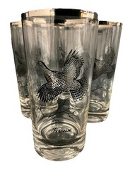 Mid-Century Barware 5.75” Highball Glasses Silver Rim Game Birds Set Of 12
