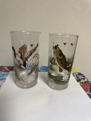 Libbey Glass 13 Oz Mallard Ducks & Bass Fish Cocktail Highball Glass 1960s