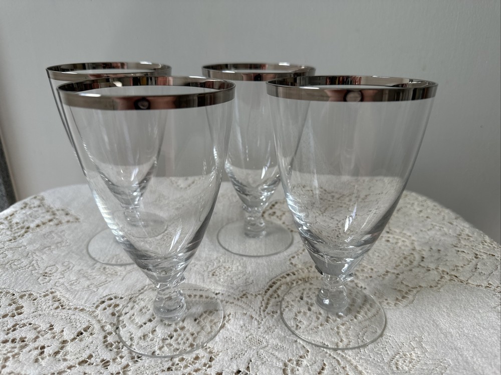 4 Vintage Fostoria Crystal Wedding Ring Water Wine Goblets Glasses Platinum Trim