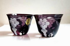 Edo Kiriko Cut Crystal Purple/Clear Grapes Pattern Sake Whiskey Glasses 2-PC Set