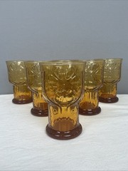 Libbey BoHo Country Garden Daisy Amber Glass 5” Tumbler 1970’s Lot Of 6