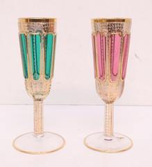 Pair Moser Cut to Clear Cabochon Enamel Scrollwork & Gold Champagne Flutes SET 2