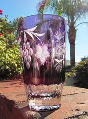 2 BEAUTIFUL BOHEMIAN CUT TO CLEAR AMETHYST TUMBLERS OR JUICE GLASSES