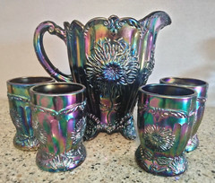 Mosser Glass Co 5pc Purple Rainbow Electro Glass Dahlia Pitcher & Tumbler Set