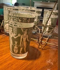 9-PC Hazel Atlas Wedgewood Green Egyptian Tumblers 8 Cups And Carrier RARE