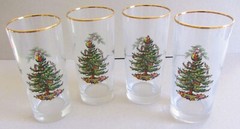 NEW~SET OF 4~SPODE CHRISTMAS TREE HIGH BALL GLASSES~6 1/4″ w/GILT RIM~ORIG BOX