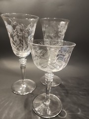 Set Of 3 LIBBEY ROCK SHARPE Crystal Etched GLASSES Wine Water Juice