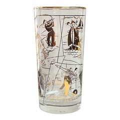 Vintage Libbey Glass Hostess Set 8 Gold Sports 12 oz Tumblers w/Box USA 1955