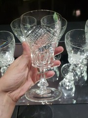 (7) WATER glasses Goblets Crystal, antique cut diamond crosshatch & fans