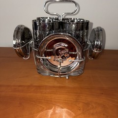 MCM Kimiko Coat Of Arms Barware Set W/ Tumblers/Caddy/Coasters. Silver & Chrome.