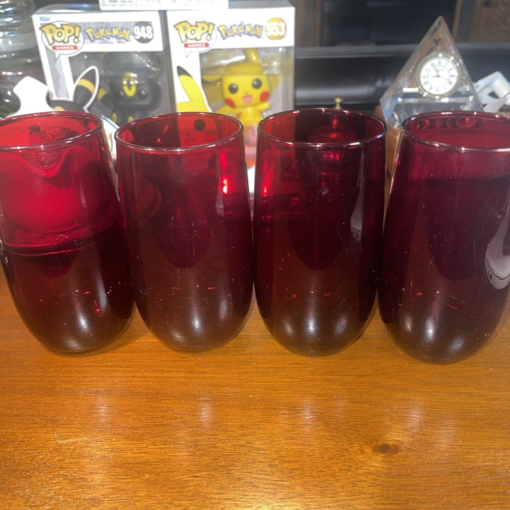 (4) RUBY RED VINTAGE DEPRESSION ROLY POLY 5″ FLAT BOTTOM ANCHOR HOCKING GLASS