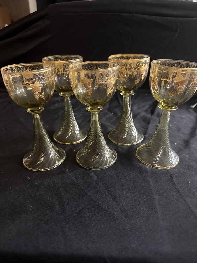 Set Of 5 Roman/ Wine Glass Trumpet Foot Grape Gold Decor Hand Painted Amber Glas
