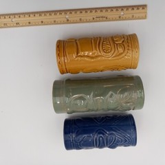 Three Tiki Polynesian Ceramic Totem Tumblers Vintage Barware Blue Gold Green