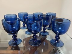 Set of Nine Vintage Nybro Cobalt Blue Hand Blown Wine/ Water Glasses
