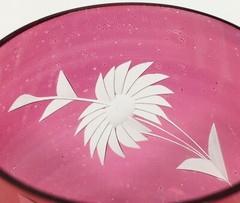 Vtg Cranberry Flash Cut to Clear Etched Sunflower Leaves Tumbler 7oz 3 1/4″ RARE