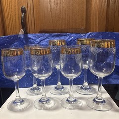 VTG CELLINI Italian 24KT Gold Wine Glasses Etched Scroll Set of 7 two sizes