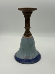 Vintage Blue Drip Glaze Wooden Stem Abstract Retro Art Pottery Goblet 8”