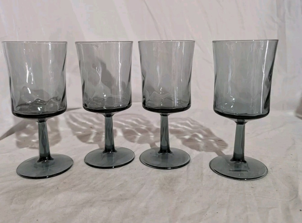 Set Of 4 Vintage Libbey Blue/Gray Optic Swirl Smoke Water Goblets Wine 6.5″