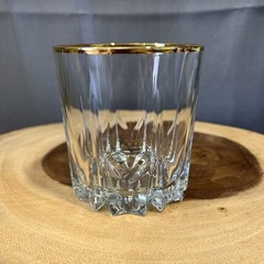 Vintage Gold Rim Pressed Glass Old-Fashioned Whiskey Tumbler Starburst Clear MCM