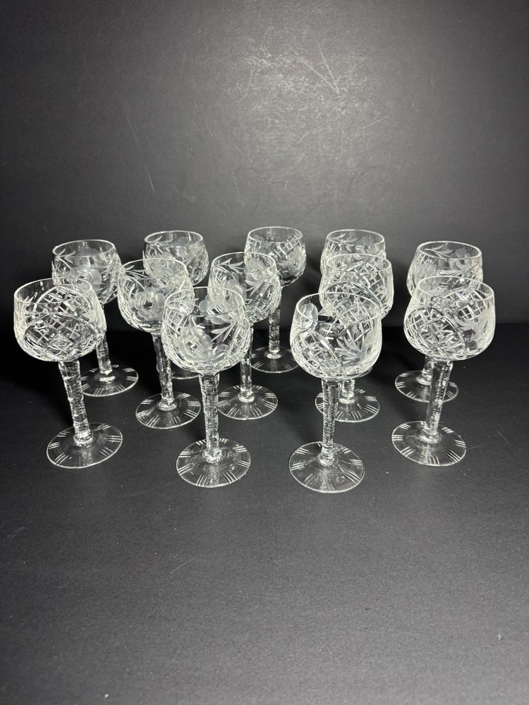 German Cut Lead Crystal Wine Goblet Glass Set of 12 Vintage 1960s