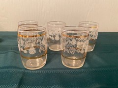 Set of 5 Bartlett Collins Juice Glass Frosted Grapevine Cherries Fruit Gold Trim