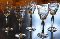 Vtg Set 5 MORGANTOWN Optic Wine/Cordial Glasses CUT FLORAL W CUT STEM & FOOT