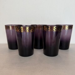 (5) Vintage Amethyst Pier 1 Imports Purple Blown Glass Tumblers Gold Trim