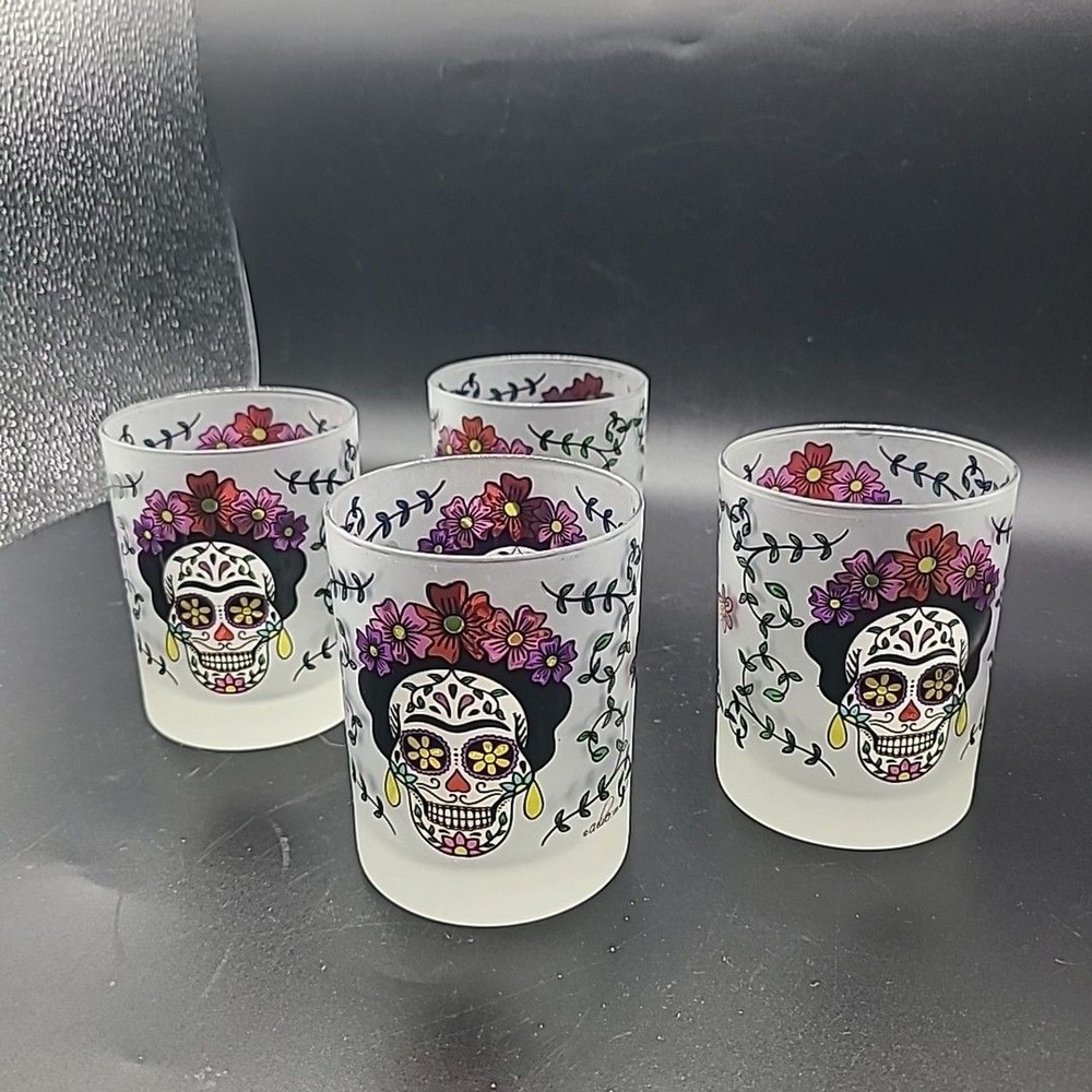 Set (4) Culver Sugar Skull Day Of The Dead Frosted Glasses Old Fashion Glasses