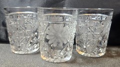 3Pc Etched Daisy Floral & Button/Daisy Motif Cut Crystal Whiskey Tumbler Glass