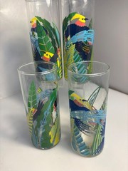 4 Vtg Panache Jungle tropical Bird highball tumbler Signed 6 1/4 inches x 2 1/4