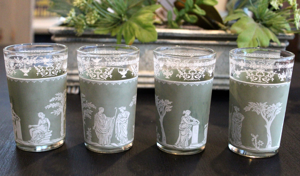 Vintage Wedgwood Tumblers Green Hellenic Jeanette Grecian Jasperware Set/4