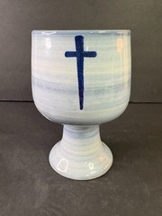 Louisville Stoneware Blue Chalice – Christian Cross Goblet – Handmade Pottery