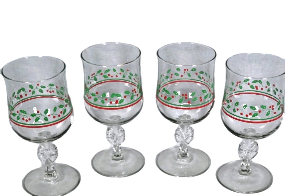 Arbys Christmas Holly Berry Glasses GoldRim Bow Stem Wine Water Goblets Set Of 4