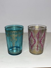 Two Vintage MCM Teal, Pink, Gold 6oz Embossed Juice Glass 4 Inch Moroccan
