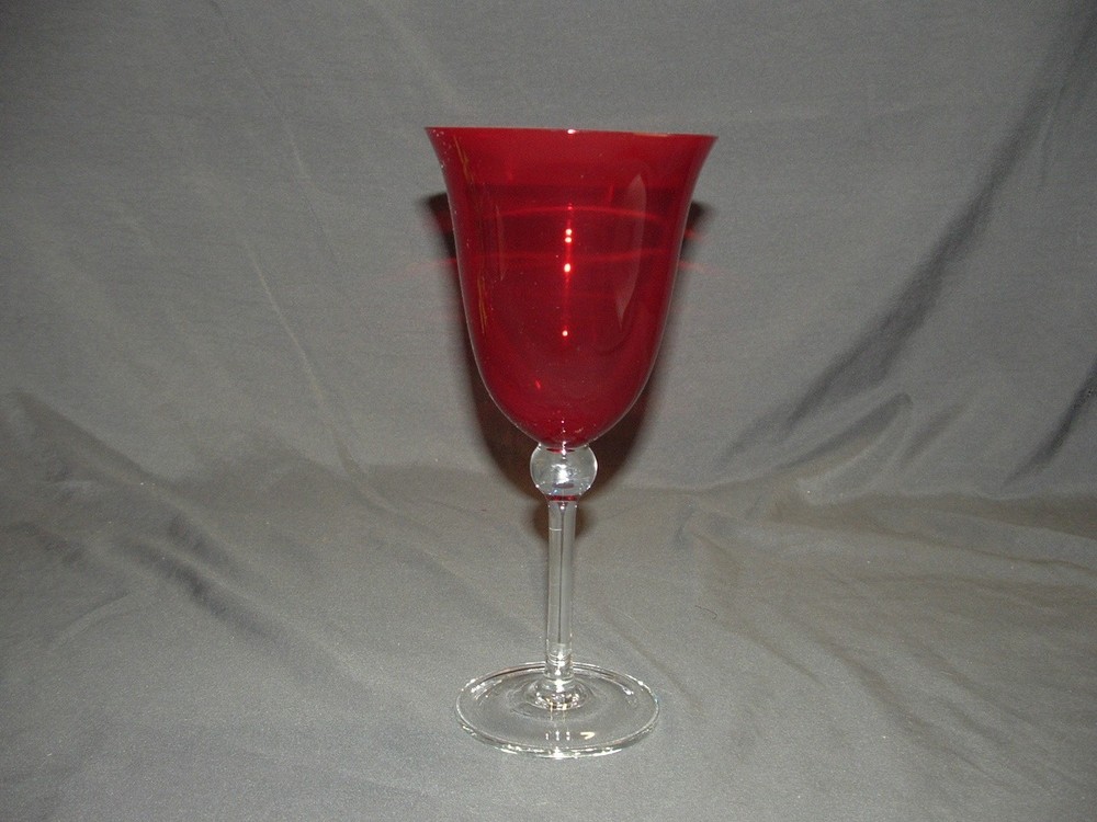 Beautiful 9″ Ruby Red Artglass Clear Stem Flared Tulip Goblet