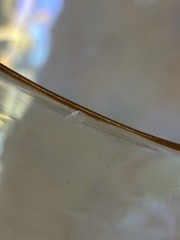 4 Vintage Parfait Glasses Yellow/Gold Iridescent Swirl, footed, some tiny chips