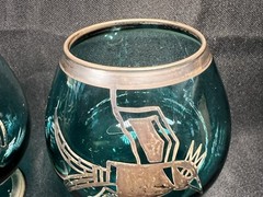 VTG SET 2 BOHEMIAN SILVER OVERLAY SMOKY GREEN BRANDY COGNAC SNIFTERS BIRD WOLF