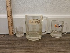 1980s vintage heavy glass A&W collectibles, 3 piece. 4.5 in, 3 in, 1.75 in.
