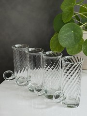 4 Optique Glass Irish Coffee Mugs By Essentials, Curled Handle EUC 5.75” Tall