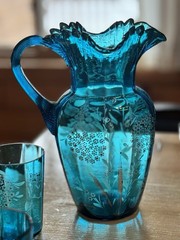 Antique Victorian Era Blue Glass Painted Floral Juice/Lemonade Set 4 Glasses