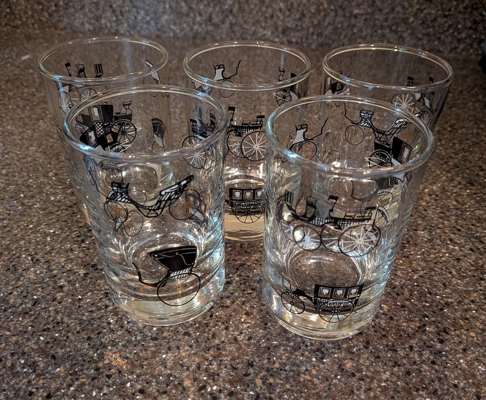 Vintage Libbey Horseless Carriage Juice Glasses — Set of 5 Mid Century Modern Ba