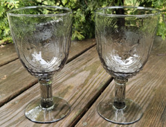 2 Depression EPAG Glass Goblets Wine Smoke Fleur-de-Lis Hobnail Bowl Green Glow