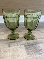 Libbey Set of 2 Vintage Olive Green Pressed Glass Wine Goblets 6.75”