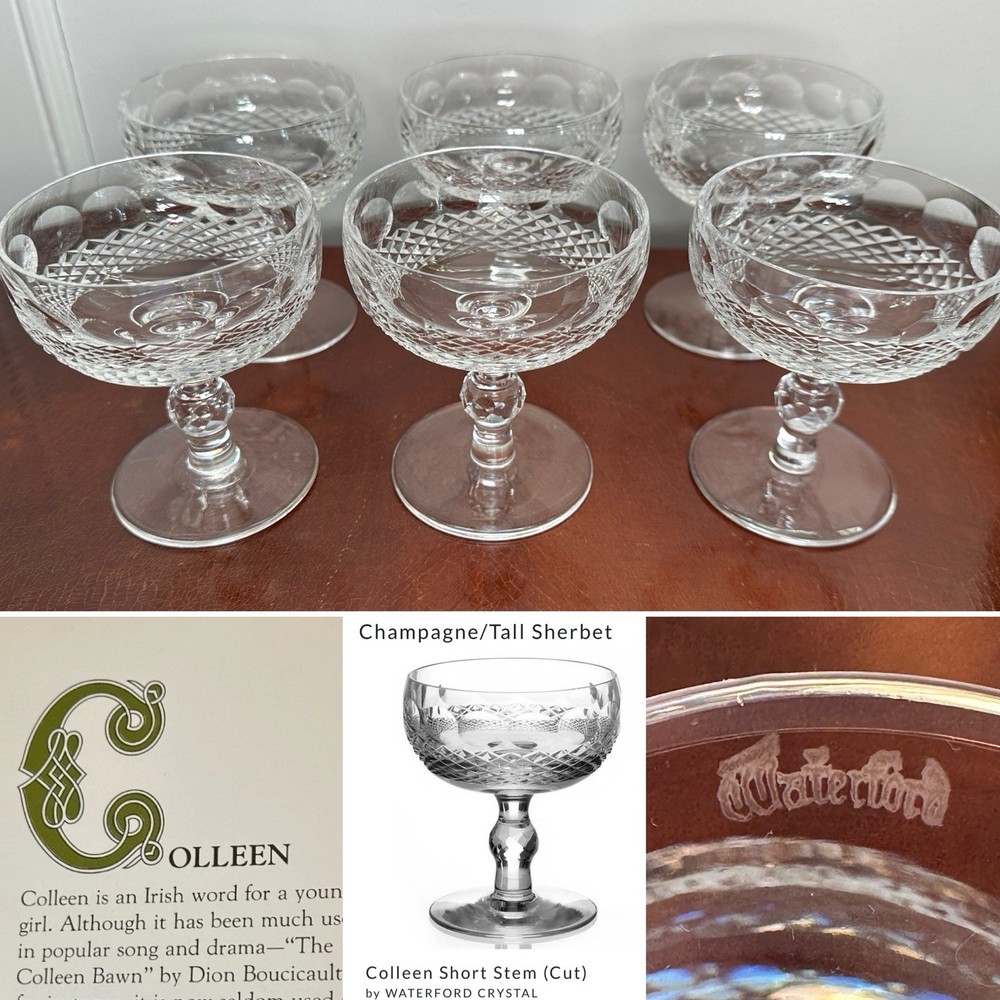Set 6 Vintage WATERFORD CRYSTAL Colleen 8 oz. Champagne Sherbet Glasses IRELAND