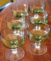 SASAKI REGENCY Vtg MCM Set 6 Champagne/Sherbet Glasses OLIVE GREEN w Clear Stem