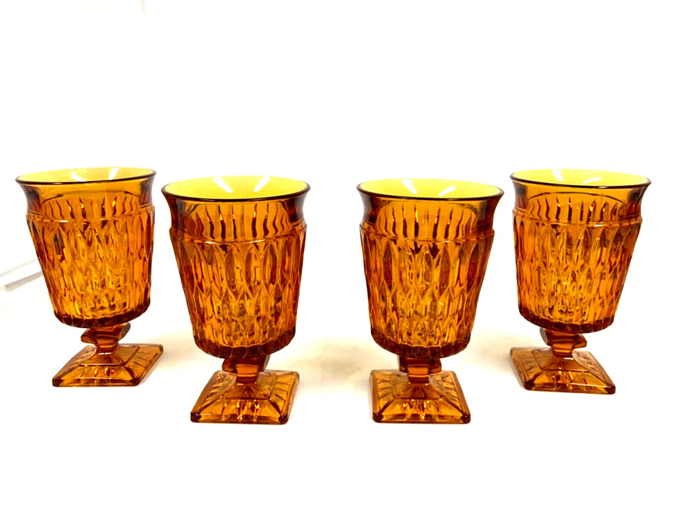 MCM VTG 4 – Indiana Amber Glasses Mt.Vernon Tea Water Footed Goblet Square Base