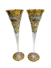 Vintage Pair Bohemian Glass Hand Painted Applied Floral Toasting Flutes