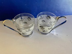 VTG Libbey Frosted Glass Mug With Silver Leaf Design & Metal Handle (2)