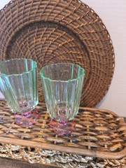 Set of 2 Decorative Green and Pink Footed Glass Tumblers