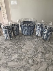 4 Blue Corinthian Jeanette 5″ Glasses & Ice Bucket Tub Greek Figures Wedgewood